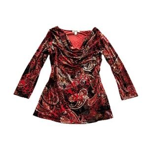 vtg y2k velour paisley/leopard print cowl neck blouse W
